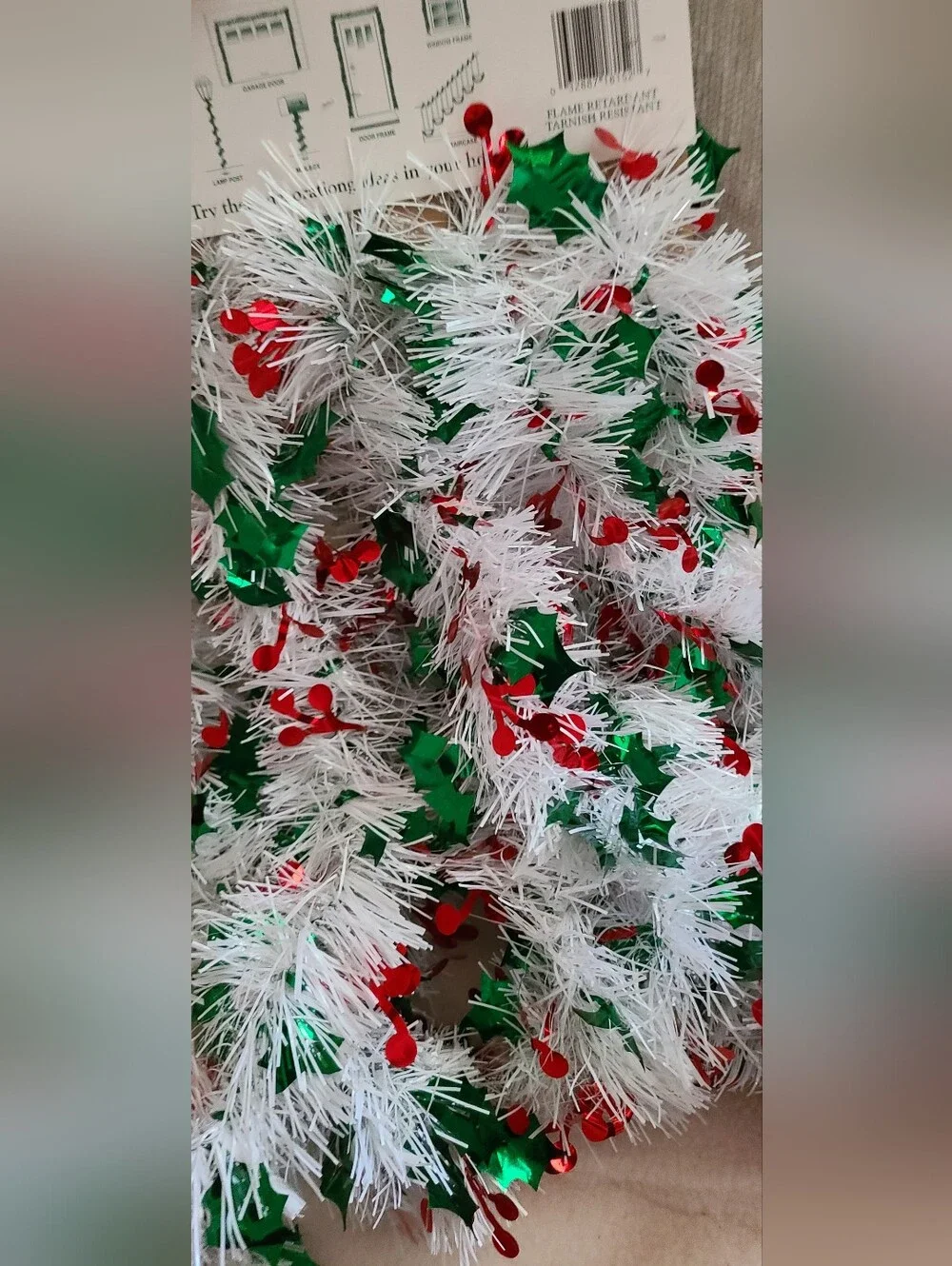 White Tinsel Garland w/Green Leaves & Red Berries & Haliogram Snowflake Garland